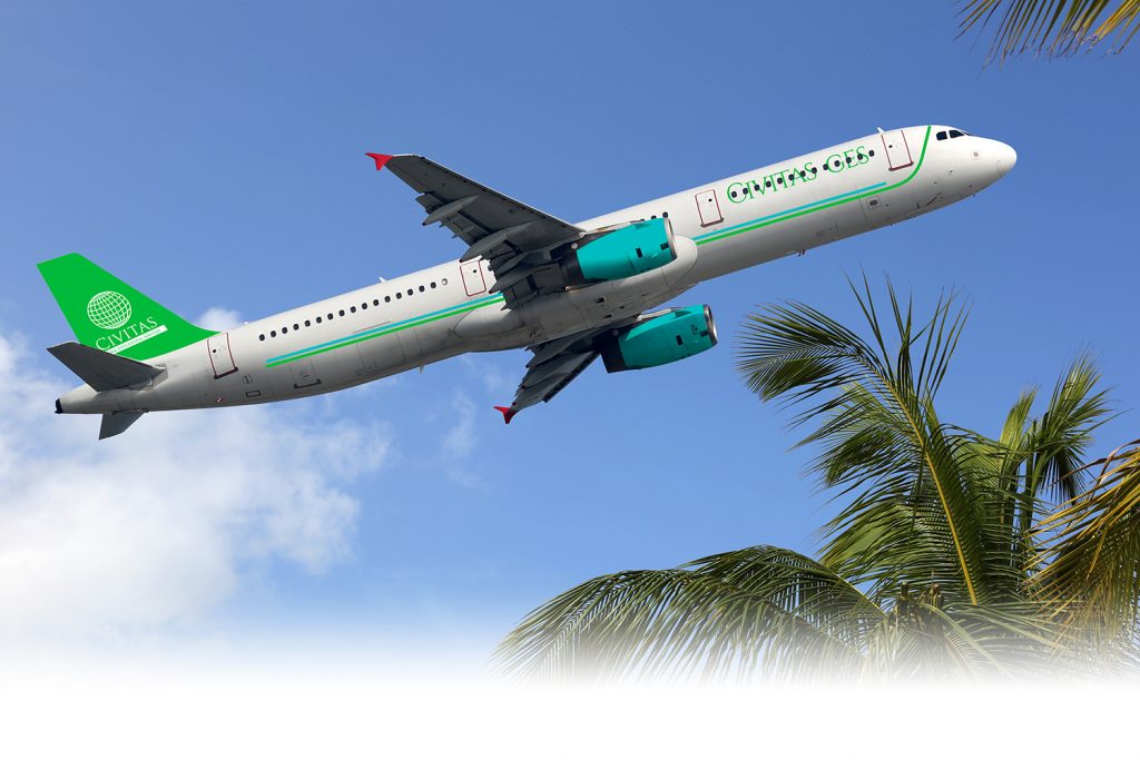 A Civitas GES branded airplane takes off over palm trees