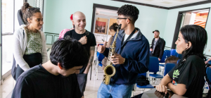 CUNY City College of New York students and Instituto Superior De Las Artes Students share a laugh during a jam session at the ISA Campus in Havana.